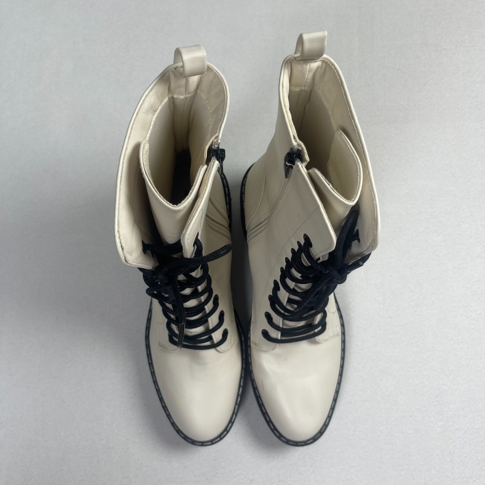 Nine West Women's 8M Off White Lace Up Combat Boots Block Heel Side Zip - Picture 4 of 11